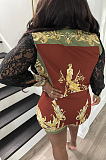 Black Sexy Autumn Printing Lace Spliced Long Sleeve Lapel Collar Single-Breasted Shirts Shorts Two-Piece L0360-1