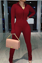 Wine Red Casual Long Sleeve Stand Neck Zipper Collcet Waist Solid Color Bodycon Jumpsuits E8548-3