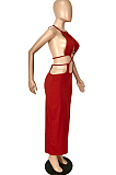Red Summer New Condole-Belt Backless Hollow Out Bodycon Pure Color Long Dress YNS1649-4