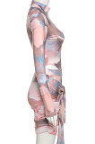 Pink Women Trendy Round Neck Long Sleeve Jumpsuits Hip Skirts Sets QNFS04515-1