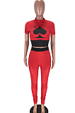 Red Wholesal Women Pattern Digital Printing Short Sleeve Round Neck Crop Top Bodycon Pants Casual Sets LYY9260-3