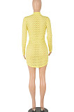 Yellow Sexy Long Sleeve Zipper Hollow Out Pure Color Club Mini Dress FMM2069-1