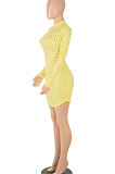Yellow Sexy Long Sleeve Zipper Hollow Out Pure Color Club Mini Dress FMM2069-1
