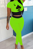 Neon Green Wholesal Women Pattern Digital Printing Short Sleeve Round Neck Crop Top Bodycon Pants Casual Sets LYY9260-2