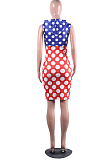 Blue Red Spliced Wave Point Printing Sleeveless Zipper Hoodie Collcet Waist Hip Dress MLL107-2