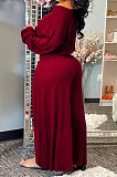 Wine Red Women Solid Color Casual Loose Long Sleeve Dew Waist Wide-legged pants KKY80057-5