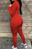 Red Autumn And Winter Finger cove Long Sleeve Stand Neck Zippet Collect Waist Solid Color Bodycon Jumpsuits E8612-3