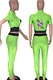 Neon Green Wholesal Women Pattern Digital Printing Short Sleeve Round Neck Crop Top Bodycon Pants Casual Sets LYY9260-2