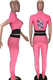 Pink Wholesal Women Pattern Digital Printing Short Sleeve Round Neck Crop Top Bodycon Pants Casual Sets LYY9260-4