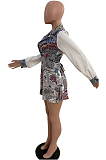 White Sexy Printing Spliced Long Sleeve Lapel Neck Back Hollow Out Bandage Romper Shorts SXS6068