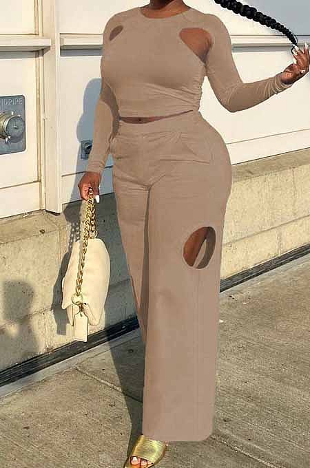 Khaki Wholesal Long Sleeve Round Collar Crop Top Mid Waist Loose Shift Pants Hollow Out Solid Color Two-Piece WM21721-1