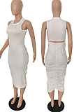 Gray White Simple Pure Color Sleeveless Round Collar Back Hollow Out Ruffle Slim Fitting Bodycon Dress MLL121-1