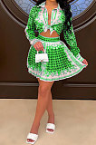 Green Women Fashion Shirts Ruffle Skirts Printing Two-Pieces AA5276-6