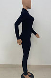 Black Women Solid Color Casual Long Sleeve Zipper Ribber Bodycon Jumpsuits AMW8329-1