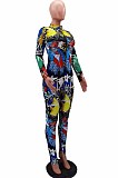 Red Euramerican Printing Long Sleeve Stand Collar Zipper Collcet Waist  Bodycon Jumpsuits HHM6359-3