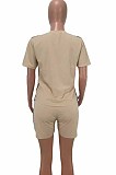 Khaki Summer Short Sleeve Round Neck T-Shirt Shorts Gold Line Casual Two-Piece HHM6305-3