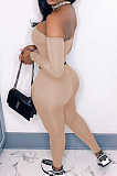 Khaki Sexy Pure Color A Word Shoulder Long Sleeve Strapless Bodycon Pencil Pants Two-Piece MN8379-3