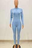 Light Blue Women Solid Color Casual Long Sleeve Zipper Ribber Bodycon Jumpsuits AMW8329-2