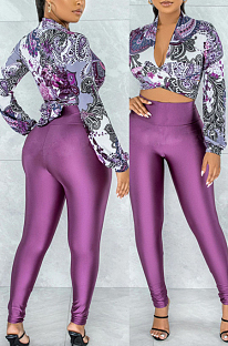 Purple Wholesal Women Digital Printing Long Sleeve Deep V Collar Bandage Crop Top High Waist Bodycon Pants Casual Two-Piece SMR10517-3