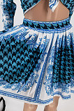 Blue Women Fashion Shirts Ruffle Skirts Printing Two-Pieces AA5276-1