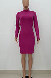 Dark Purple Women Pure Color Stand Collar Sexy Ribber Lace Long Sleeve Mini Dress AMW8332-2