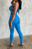 Blue New Summer Halter Neck Backless Strapless Bandage Bodycon Pants Solid Color Two-Piece YNS1653-1
