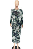 Printing Euramerican Women Fashion Mesh Spaghetti Long Sleeve Long Dress AA527