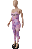 Yellow New Positioning Tie Dye Letter Printing Condole Belt Backless Bodycon Jumpsuits MLL119-2