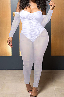 White Sexy Mesh Spliced Long Sleeve Condole Belt Collcet Strapless  Waist Ruffle Bodycon Jumsuits YNS1656-3