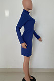 Blue Women Pure Color Stand Collar Sexy Ribber Lace Long Sleeve Mini Dress AMW8332-4