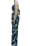 Blue Sexy Digital Printing Spliced Halter Neck V Collar Strapless Bandage High Waist Wide Leg Pants Two-Piece SMR10528-2