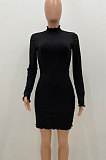 Rose Red Women Pure Color Stand Collar Sexy Ribber Lace Long Sleeve Mini Dress AMW8332-3