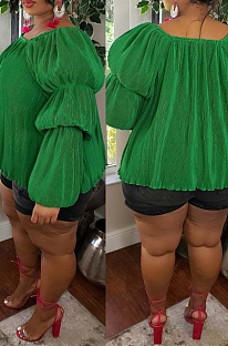 Green Big Yards Simplee Solid Color Ruffle Puff Sleeve Square Collar Loose Top U7098-3
