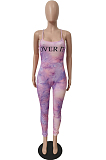 Purple New Positioning Tie Dye Letter Printing Condole Belt Backless Bodycon Jumpsuits MLL119-1