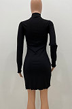 Black Women Pure Color Stand Collar Sexy Ribber Lace Long Sleeve Mini Dress AMW8332-1