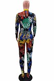Red Euramerican Printing Long Sleeve Stand Collar Zipper Collcet Waist  Bodycon Jumpsuits HHM6359-3