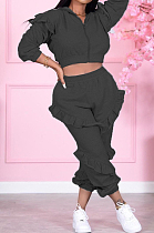 Black Cotton Blend Long Sleeve Zippet Hoodie Elasticband Pants Flounce Solid Color Sport Sets MN8333-3