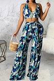 Army Green Sexy Digital Printing Spliced Halter Neck V Collar Strapless Bandage High Waist Wide Leg Pants Two-Piece SMR10528-3