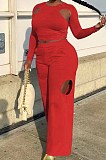 Red Wholesal Long Sleeve Round Collar Crop Top Mid Waist Loose Shift Pants Hollow Out Solid Color Two-Piece WM21721-2