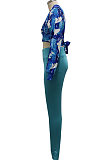 Cyan Green Wholesal Women Digital Printing Long Sleeve Deep V Collar Bandage Crop Top High Waist Bodycon Pants Casual Two-Piece SMR10517-2