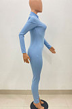 Light Blue Women Solid Color Casual Long Sleeve Zipper Ribber Bodycon Jumpsuits AMW8329-2