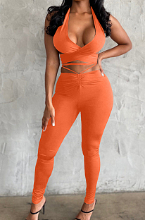Orange New Summer Halter Neck Backless Strapless Bandage Bodycon Pants Solid Color Two-Piece YNS1653-2