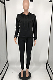 Black Casual Cotton Blend Long Sleeve With Pocket Hoodie Pants Solid Color Sport Sets YM213-5