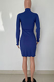 Blue Women Pure Color Stand Collar Sexy Ribber Lace Long Sleeve Mini Dress AMW8332-4
