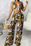 Army Green Sexy Digital Printing Spliced Halter Neck V Collar Strapless Bandage High Waist Wide Leg Pants Two-Piece SMR10528-3