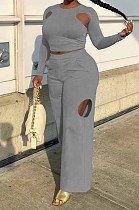 Gray Wholesal Long Sleeve Round Collar Crop Top Mid Waist Loose Shift Pants Hollow Out Solid Color Two-Piece WM21721-3