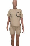 White Summer Short Sleeve Round Neck T-Shirt Shorts Gold Line Casual Two-Piece HHM6305-1