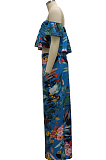 Blue Summer Printing A Word Shoulder Straless Spliced High Waist Bodycon Long Skirts Sets SMR10598