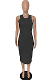 Black Simple Pure Color Sleeveless Round Collar Back Hollow Out Ruffle Slim Fitting Bodycon Dress MLL121-2
