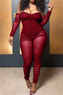 Wine Red Sexy Mesh Spliced Long Sleeve Condole Belt Collcet Strapless  Waist Ruffle Bodycon Jumsuits YNS1656-1